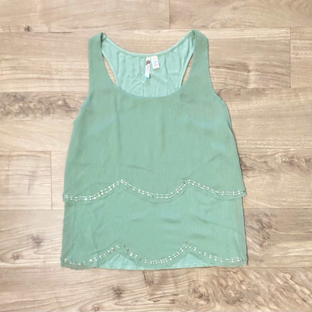 6 Degrees Tiered Chiffon Beaded Tank Top SzM Seafoam Y2K Scalloped Fairy Mermaid